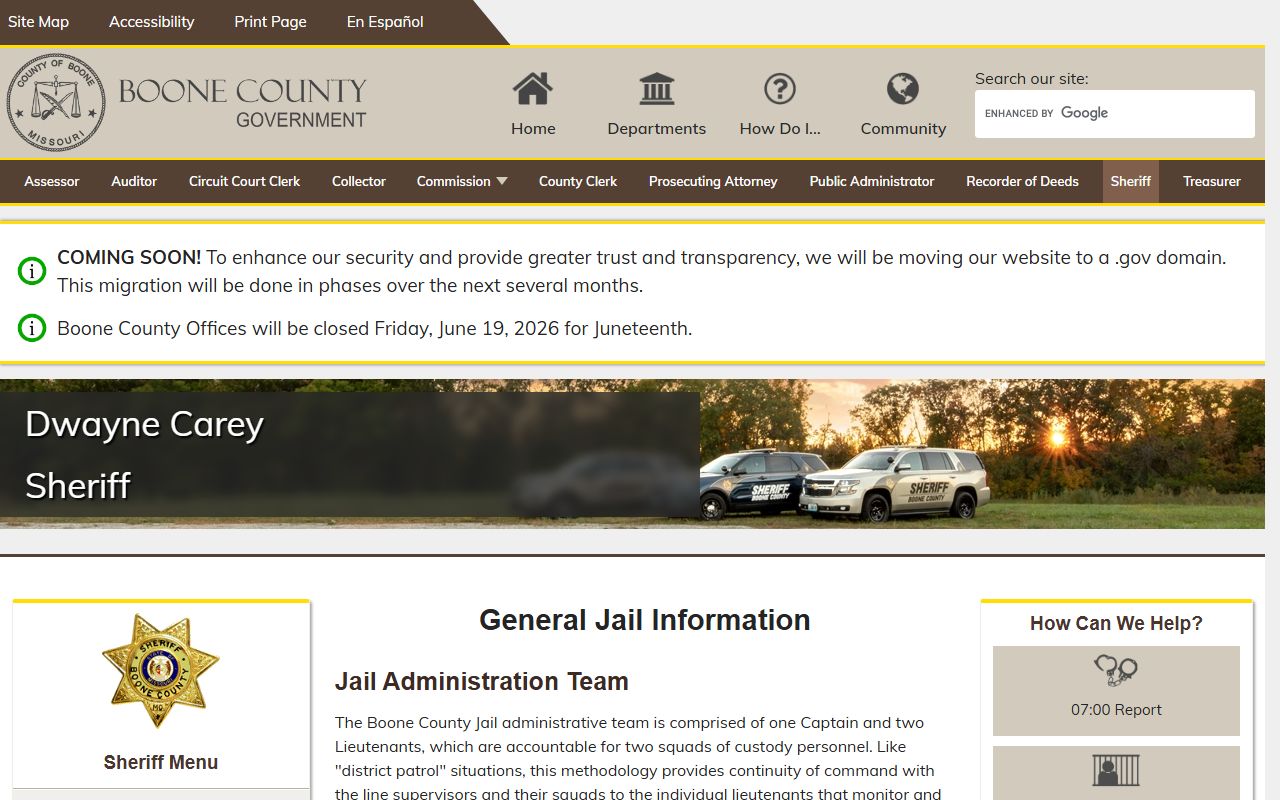 Boone County Jail general information page for inmate lookup