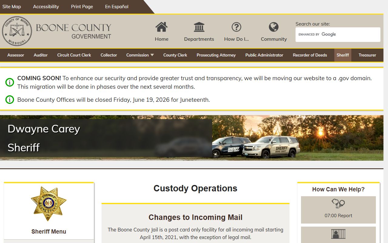 Boone County Jail custody operations mail money phone rules