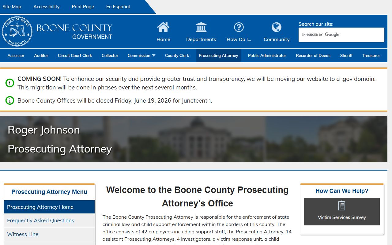 Boone County Prosecuting Attorney contact page for court records after arrest
