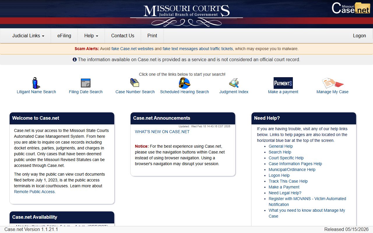 Missouri Case.net portal for Boone County court records after arrest
